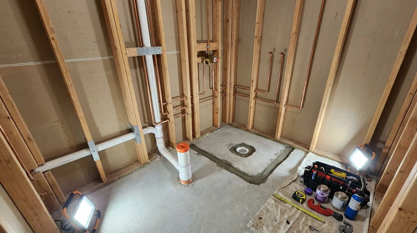 Bathroom rough-in plumbing during remodel by Johns Plumbing LLC in Jones