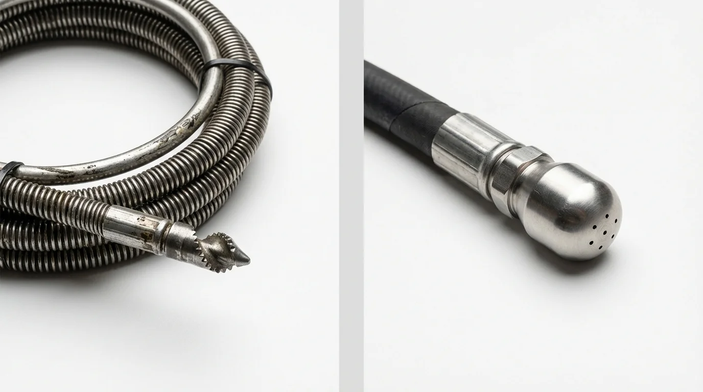 Drain snake cable and hydro jetting nozzle used for drain cleaning in Jones, OK