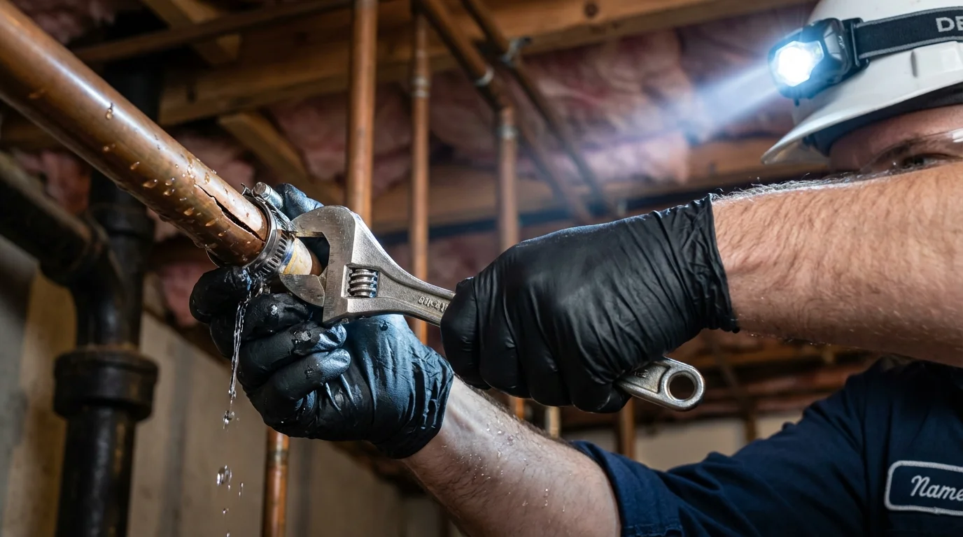 Emergency pipe clamp repair being performed by a Johns Plumbing LLC plumber in Jones