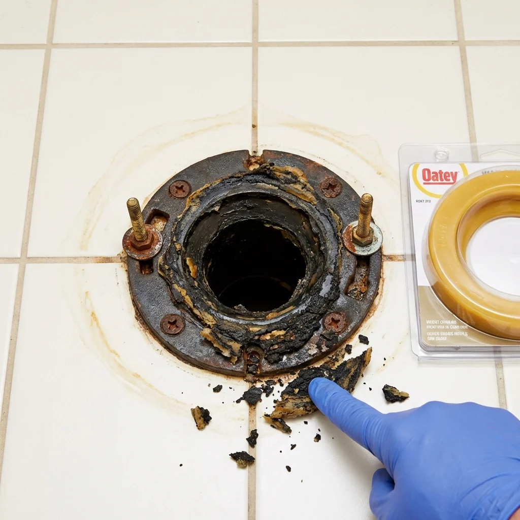 Failed wax ring showing water seepage at the base of a toilet in a Jones, OK home