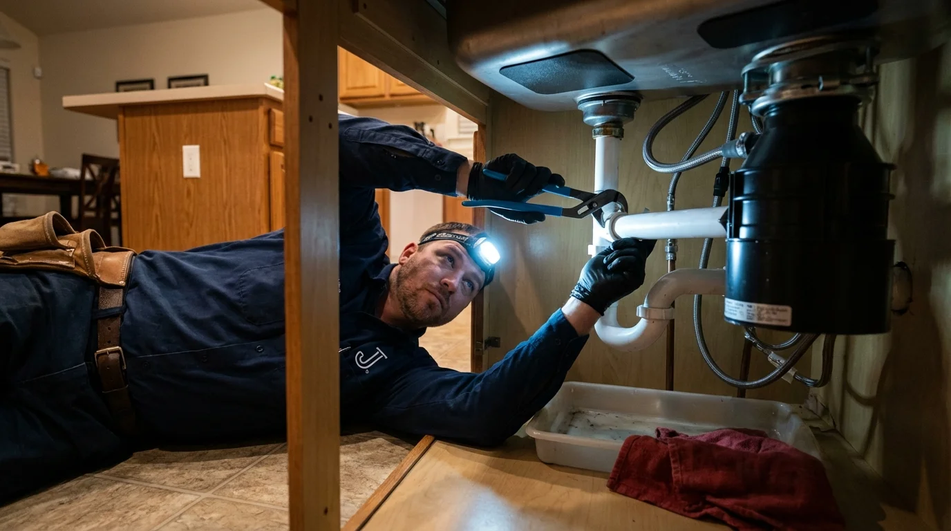 P-trap and supply line connections under a kitchen sink showing a common leak point in Jones, OK